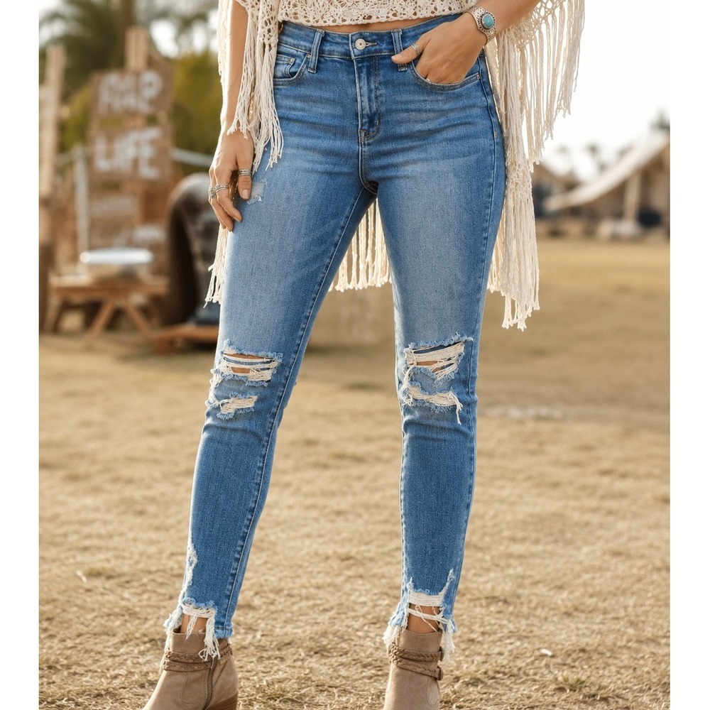 Vervet Blue‎ Womens Distressed Skinny Jeans Blue Ripped Raw Hem Size 26